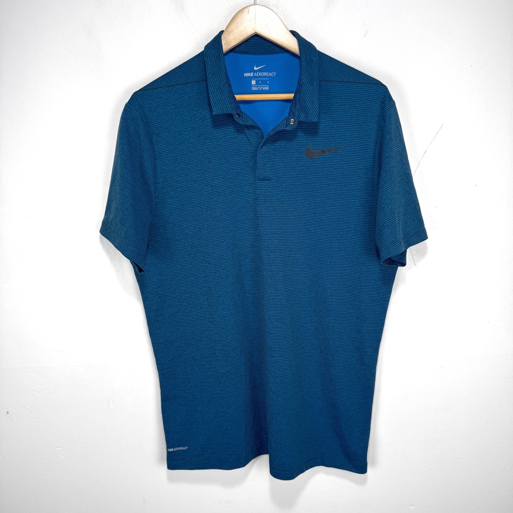 Nike AeroReact Golf Polo‎ Shirt Men Large Blue Black Striped Athletic Stretch - Picture 11 of 12